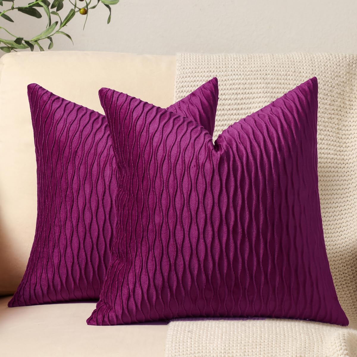 Dezene 22X22 Purple Throw Pillow Cases: 2 Pack Original Striped Velvet Square Decorative Pillow Covers For Farmhouse Couch