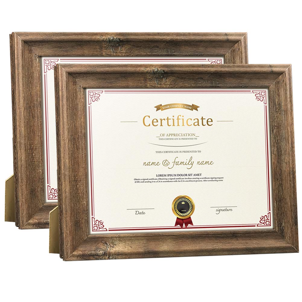 ZBEIVAN 2 Pack 8.5 x 11 Certificate Picture Frames Set Brown Rustic Diploma Document Award Photo Frame for Tabletop Stand or Wal
