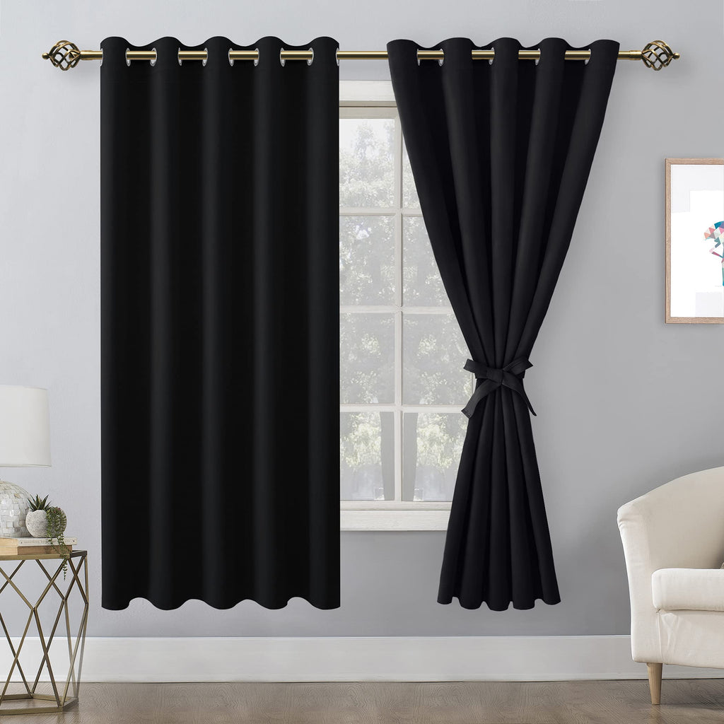Hiasan Grommet Blackout Curtains For Bedroom, 60 X 72 Inches - Thermal Insulated & Noise Reducing Window Drapes For Living Room/Dorm Room, Set Of 2 Panels Sewn With Tiebacks, Black
