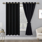 Hiasan Grommet Blackout Curtains For Bedroom, 60 X 72 Inches - Thermal Insulated & Noise Reducing Window Drapes For Living Room/Dorm Room, Set Of 2 Panels Sewn With Tiebacks, Black