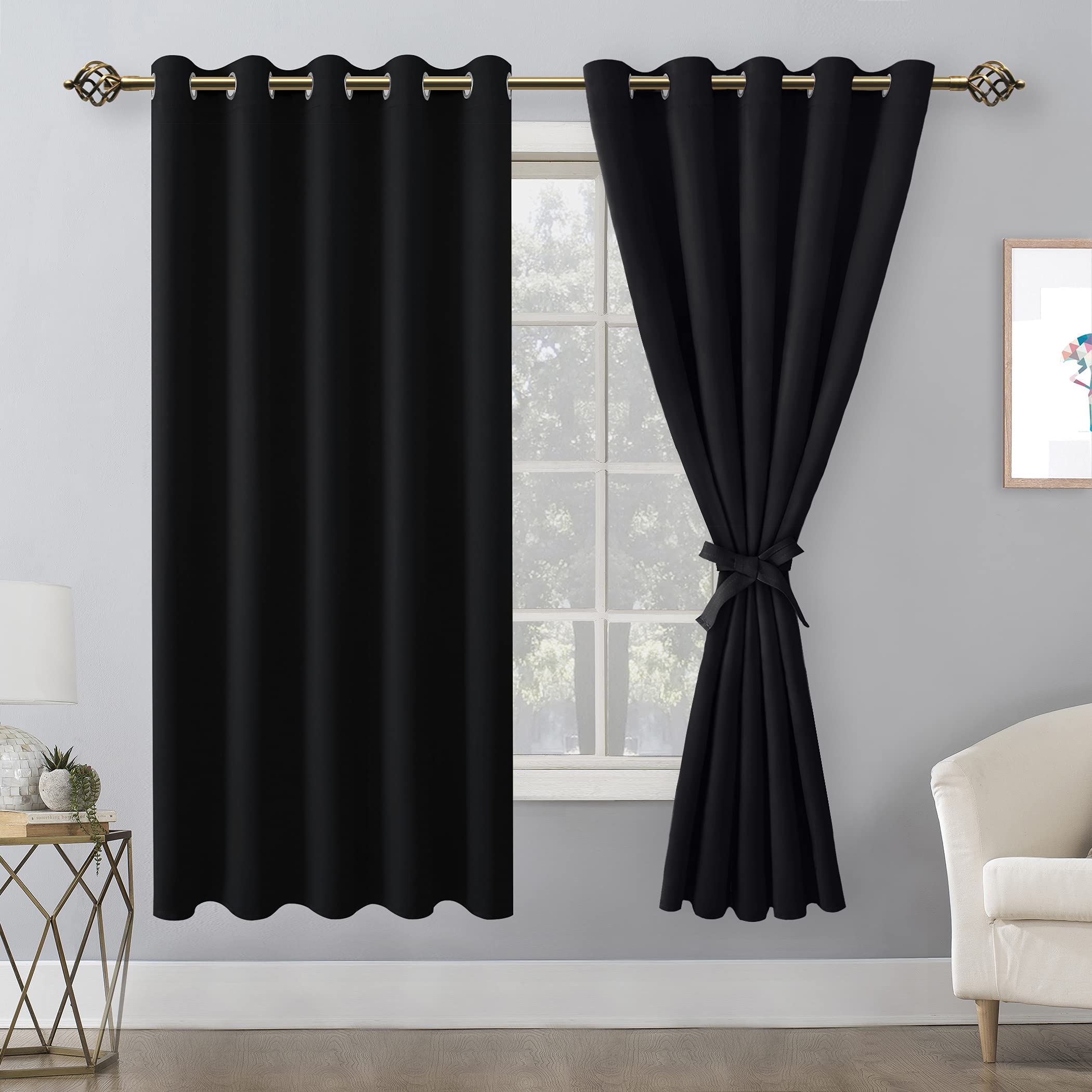 Hiasan Grommet Blackout Curtains For Bedroom, 60 X 72 Inches - Thermal Insulated & Noise Reducing Window Drapes For Living Room/Dorm Room, Set Of 2 Panels Sewn With Tiebacks, Black