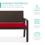 Best Choice Products Outdoor Bench 2-Person Wicker Garden Patio Benches Seating Furniture For Backyard, Porch W/Seat Cushion, 700Lb Capacity - Brown/Red