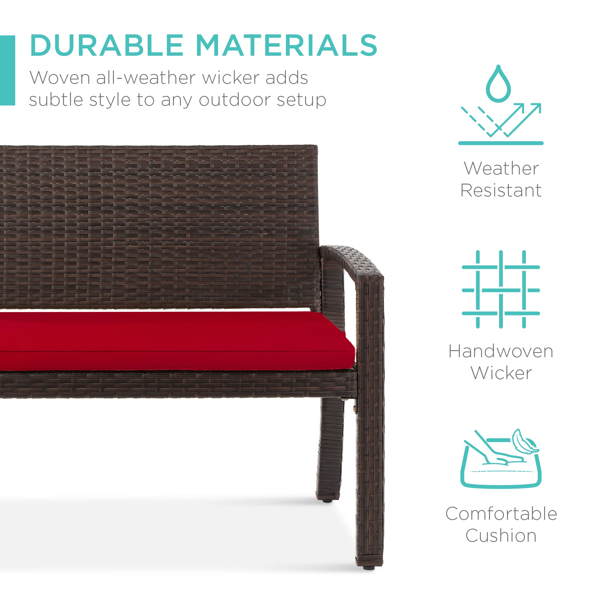 Best Choice Products Outdoor Bench 2-Person Wicker Garden Patio Benches Seating Furniture For Backyard, Porch W/Seat Cushion, 700Lb Capacity - Brown/Red