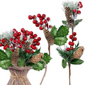 Pine Cone Picks - Red Berries - Holly - 9 Pieces - Snow Flocked Christmas Floral Decorations - Flexible Stems
