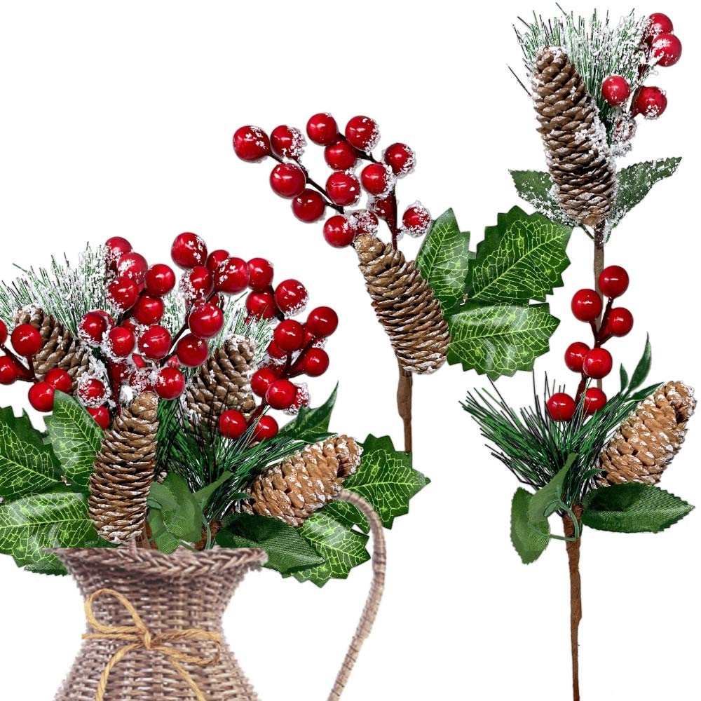 Pine Cone Picks - Red Berries - Holly - 9 Pieces - Snow Flocked Christmas Floral Decorations - Flexible Stems