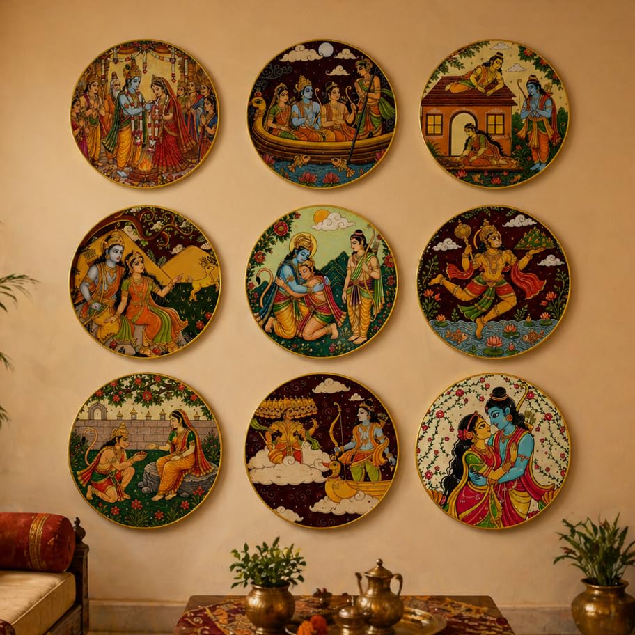 Ramayana Themed Set Of 9 Round Mythological Wall Paintings Pvc Golden Frame | Ramayan Ram Hanuman Art Plates For Living Room Bed