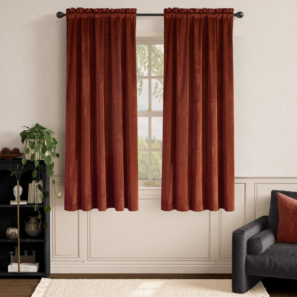 Lazzzy Orange Velvet Curtains Room Darkening Thermal Insulated Curtains 63 Inch Long Window Drapes For Bedroom Living Room Super Soft Luxury Rod Pocketwindow Treatment 2 Panels, Rust Red