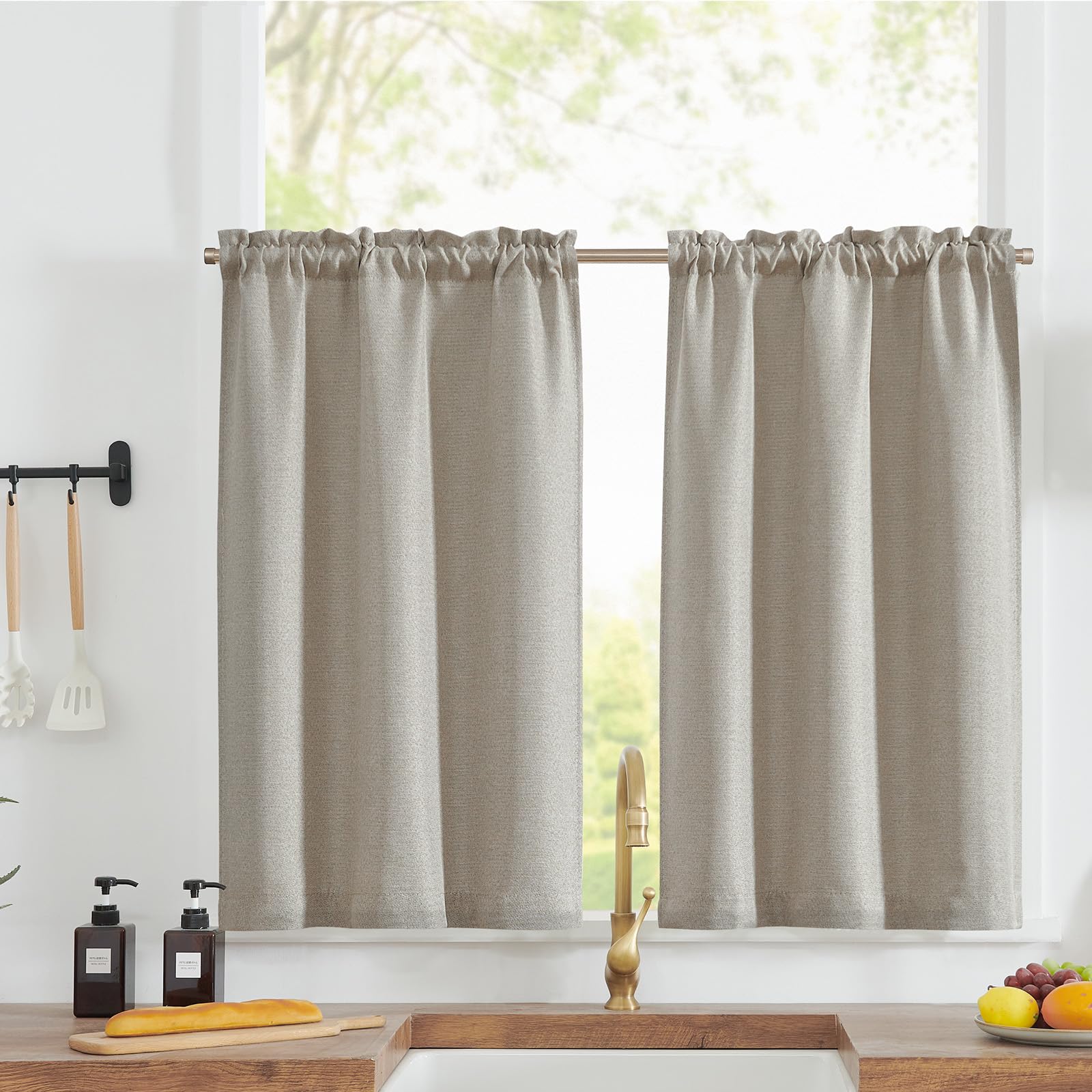 jinchan Linen Textured Kitchen Curtains Flax Linen Look Tier Curtains 36 Inch for Bathroom Living Room Farmhouse Cafe Curtains R