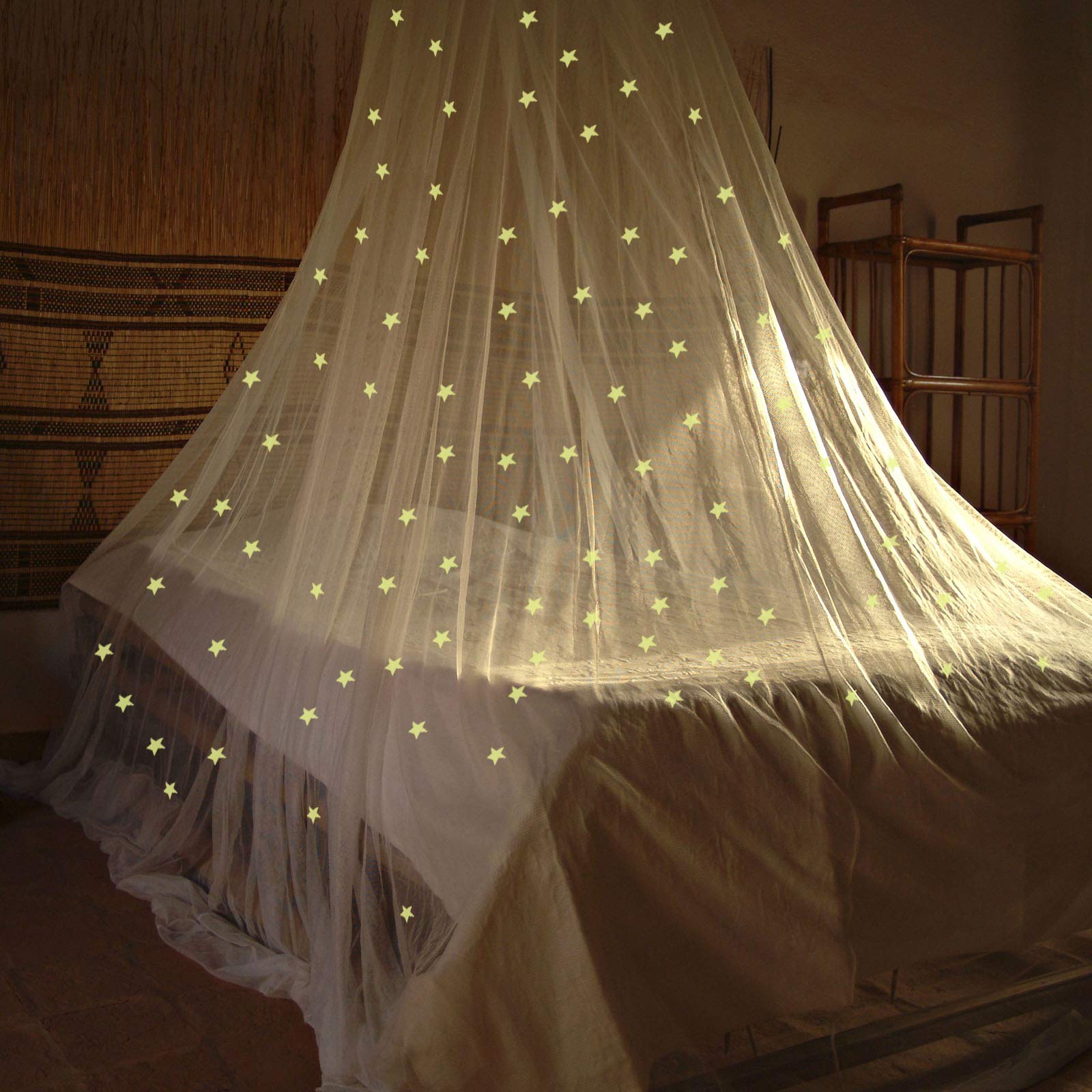 Bed Canopy Mesh Netting with Fluorescent Stars for Girls Kids Glow in Dark Hanging Bed Dome Canopy Crib Tent Easy Installation M