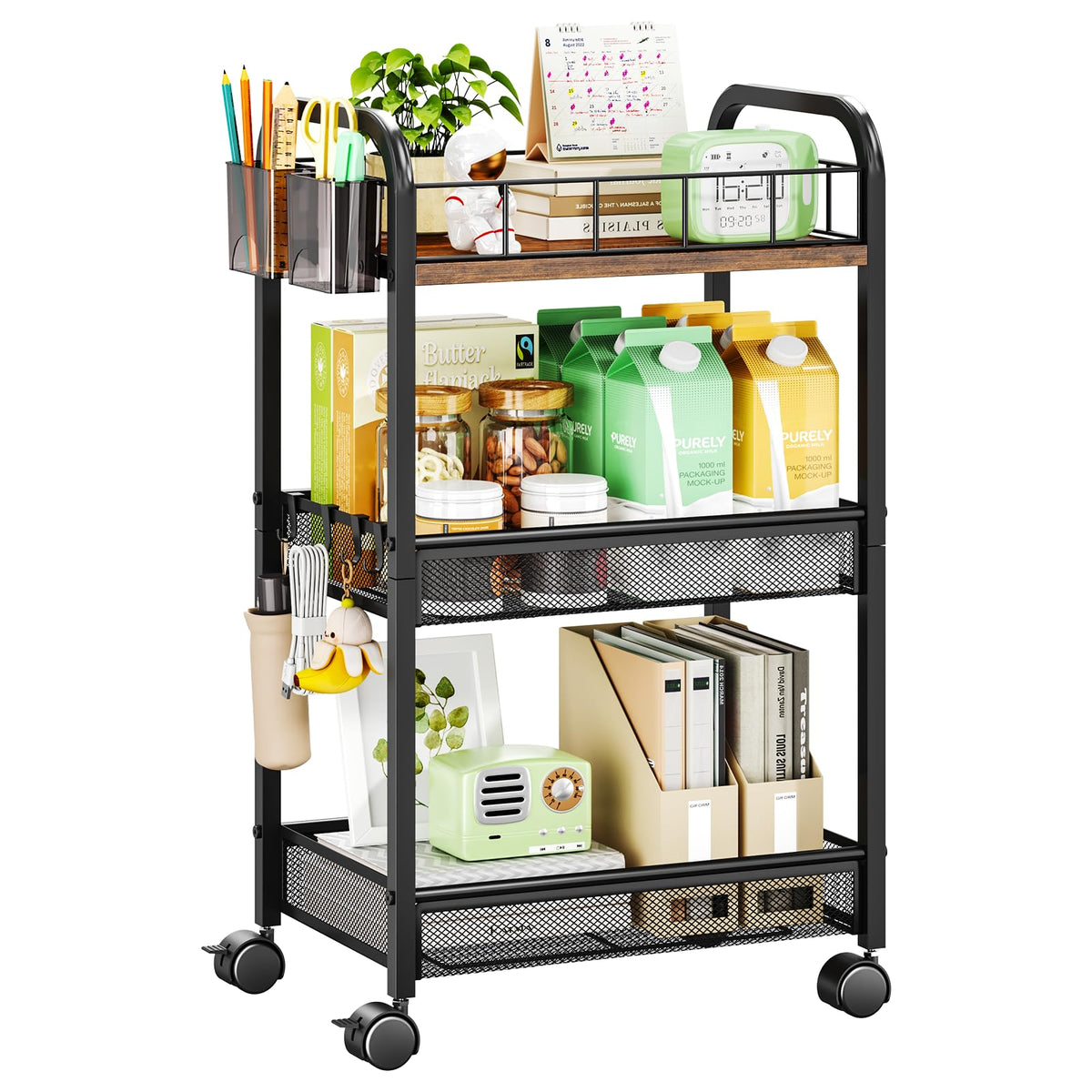 HapiRm 3 Tier Metal Rolling Cart Utility Storage Cart with Locking Wheels