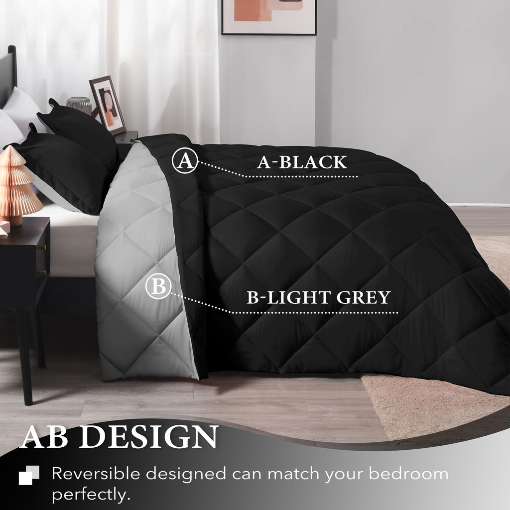 Downluxe California King Comforter Set - Black And Grey Cal King Comforter Set, Soft Bedding Sets For All Seasons - 3 Pieces - 1 Comforter (104'X96') And 2 Pillow Shams(20'X36')
