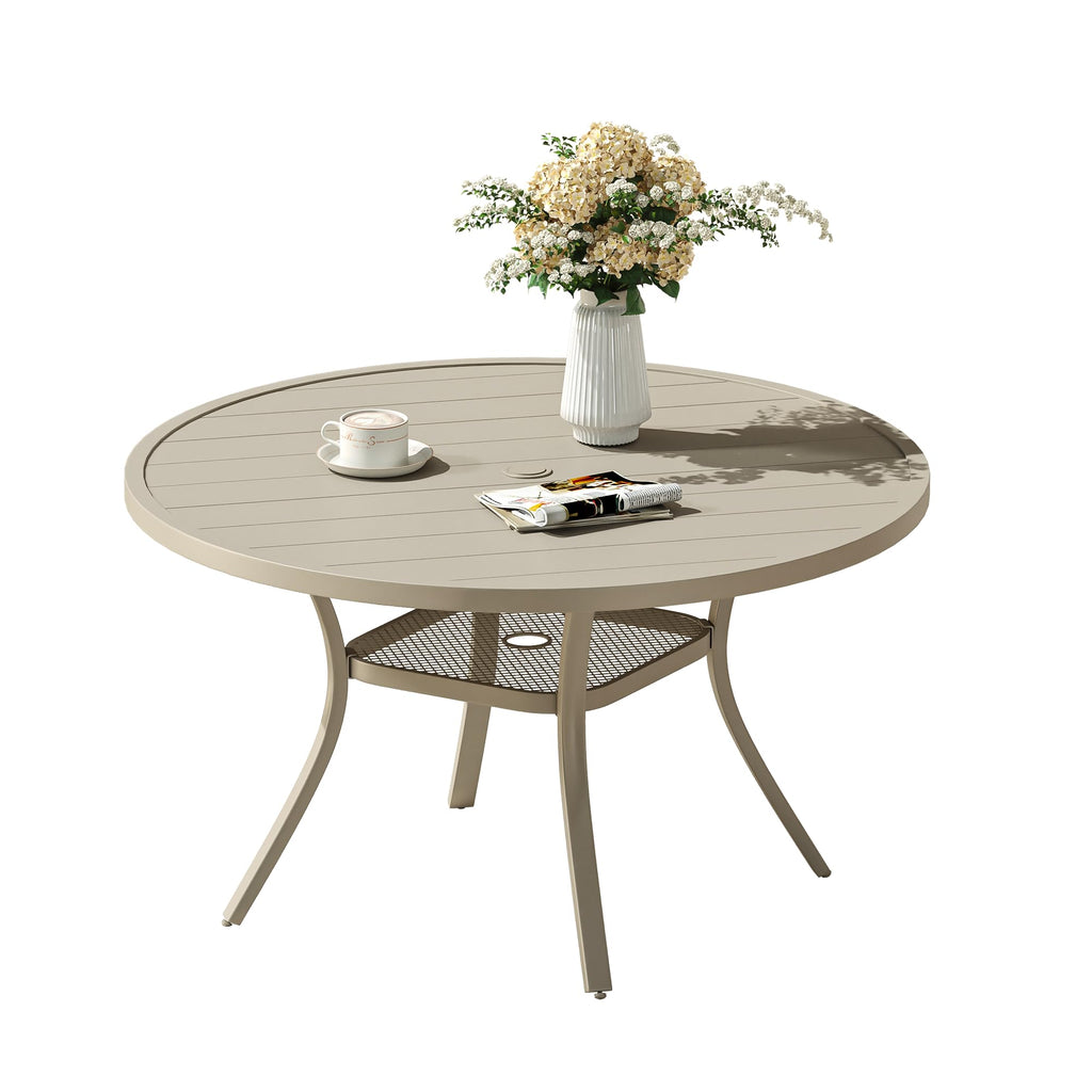 Vicllax Round Patio Dining Table, 4-6 Person Metal Outdoor Dining Table With Umbrella Hole For Garden Lawn Deck, 48' Sand