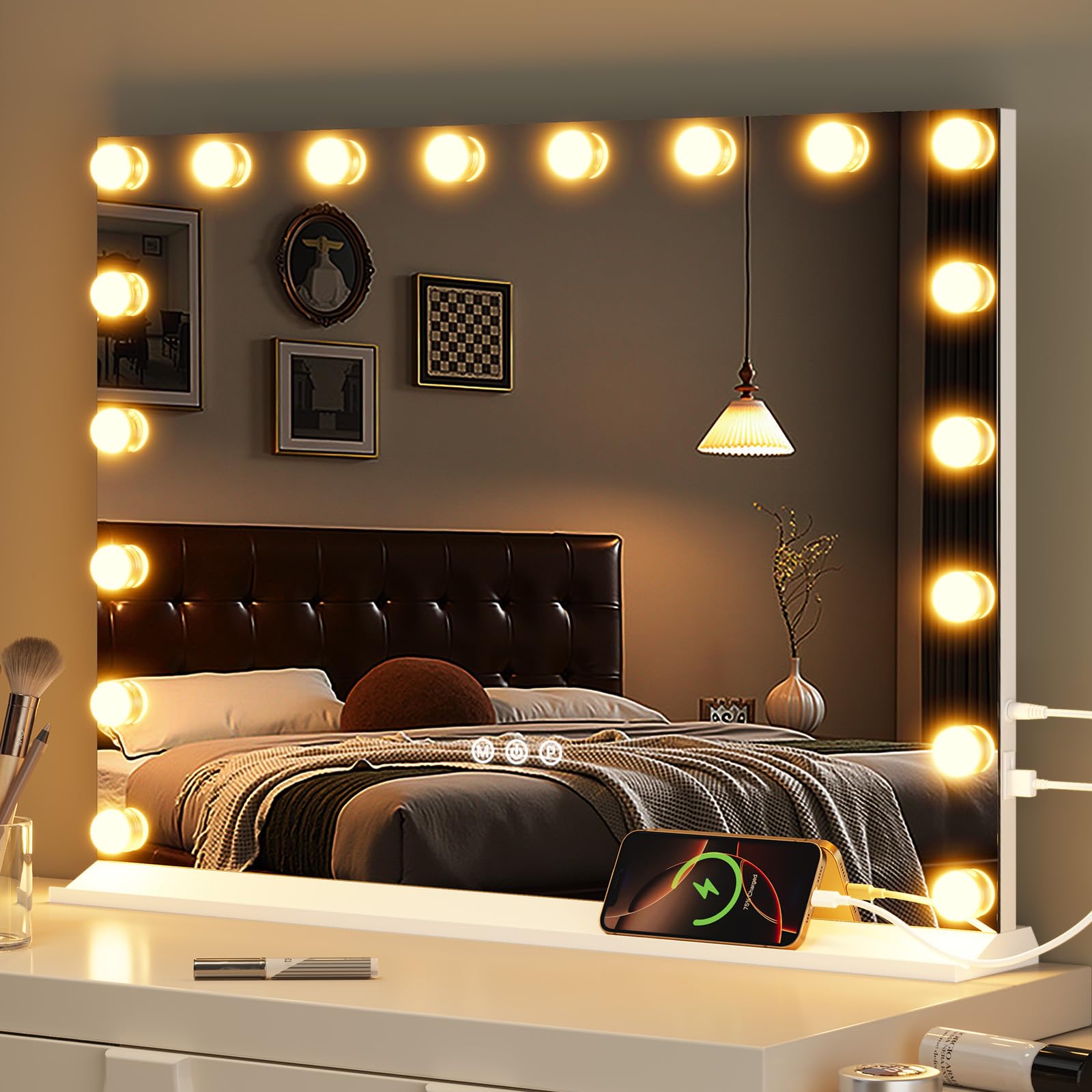 Memobarco Vanity Mirror with Lights, Makeup Mirror with USB/Type-C Charging, Large Hollywood Mirrors w/ 18 LED Bulbs & 5X Magnif
