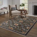 HomeRoots 507972 6 x 9 ft. Blue Red Ivory & Gold Oriental Power Loom Stain Resistant Rectangle Area Rug with Fringe