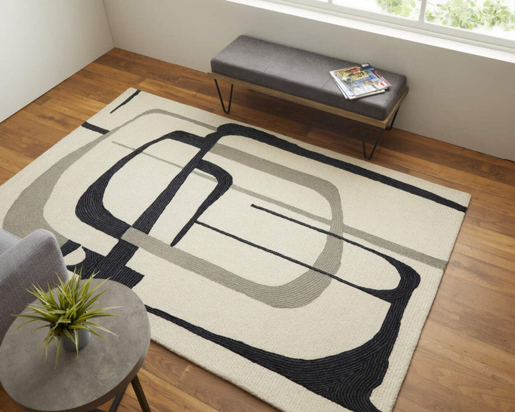 HomeRoots 514417 9 x 12 ft. Ivory Gray & Black Wool Abstract Hand Tufted Handmade Rectangle Area Rug