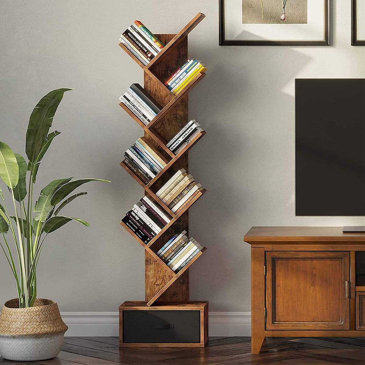 WoodMarwar Solid Sheesham Wood Corner Book Shelf Wooden | Bookshelf for Home | Tree Book Shelf | Bookcase with Open 8 Shelf & On