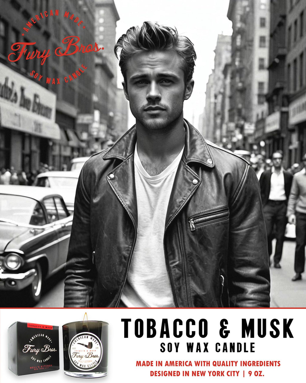 Fury Bros. Black Series Scented Candles | Tobacco & Musk | All-Natural Soy Wax | Hand-Poured In Usa | Long 60-70 Hour Burn (9 Oz