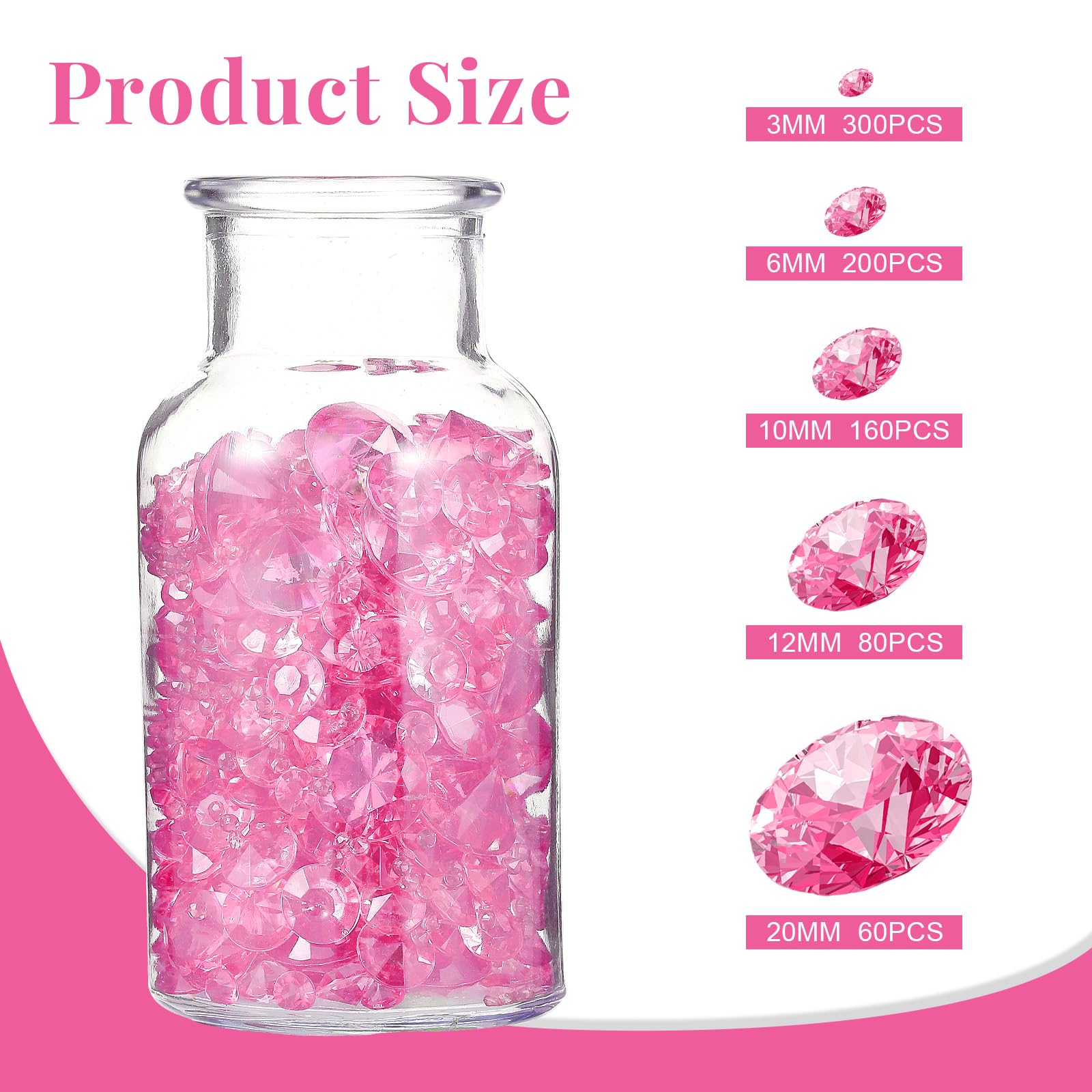 Hicarer Acrylic Diamond Table Scatter Crystals Pink Multi-Size 800 Pieces for Vase Fillers and Party Decorations