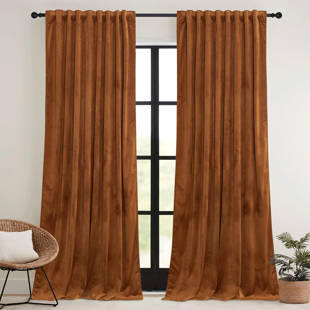 Ryb Home Velvet Curtains 108 Inch, Room Darkening Window Curtains For Living Room Thermal Insulated Privacy Backdrop With Back Tab Loop For Bedroom, Golden Oak, W52 X L108 Inch, 2 Panels