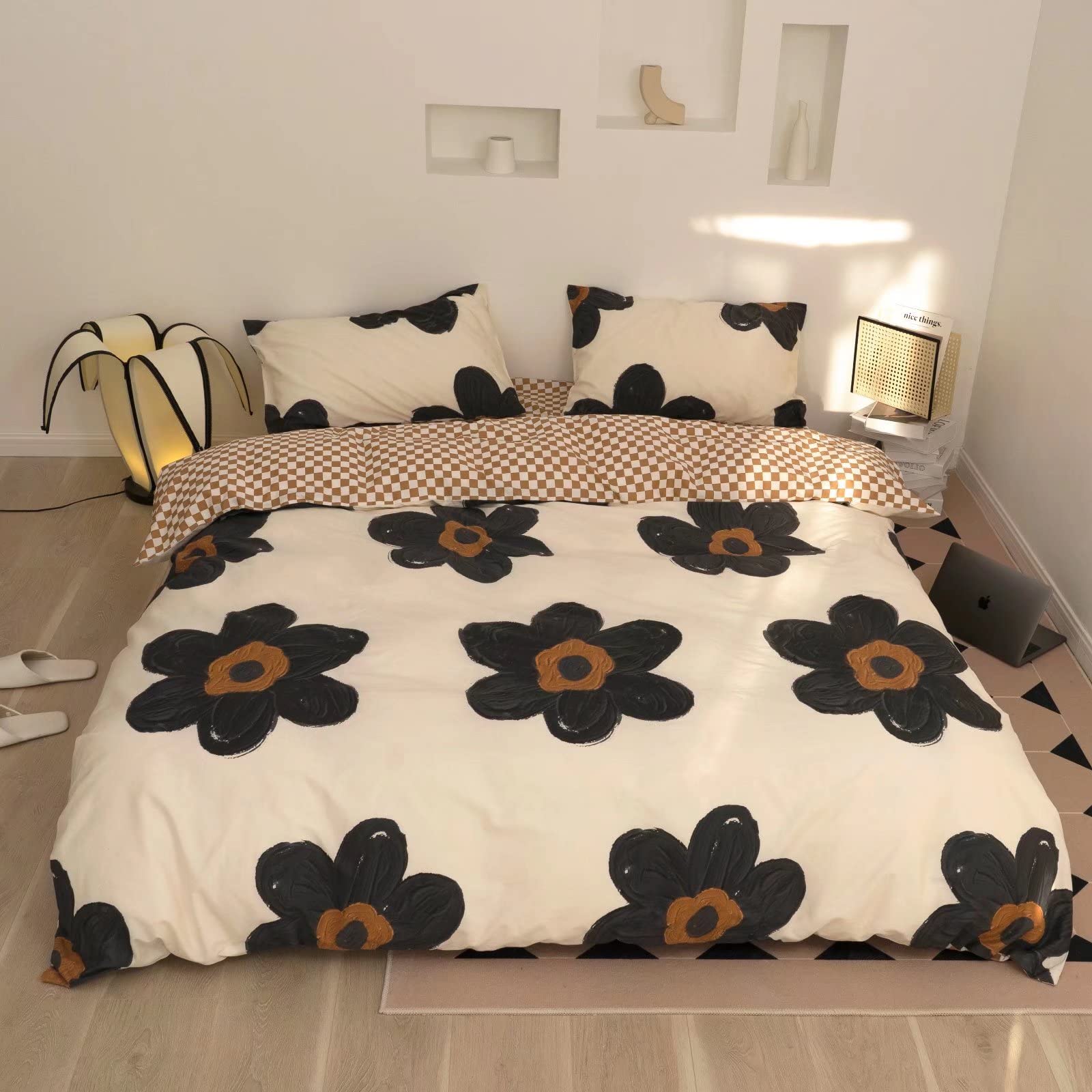 Clothknow Sunflower Comforter Sets Twin White Grey Bedding Sets Pumpkin Grid Bedding Comforter Sets 3Pcs Bed Comforter Sets With 2 Pillowcases