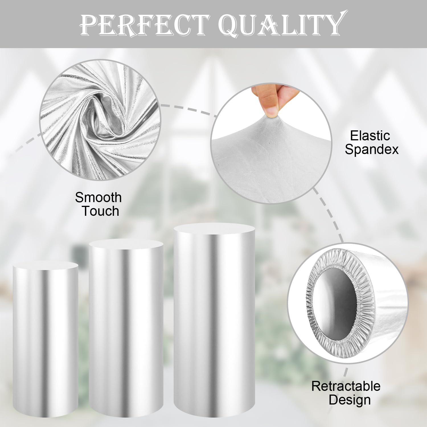 Saitimade Set Of 3 - Silver Cylinder Pedestal Stand Covers, Flexible Cylinder Stand Covers For Party, Wedding Or Birthday Event