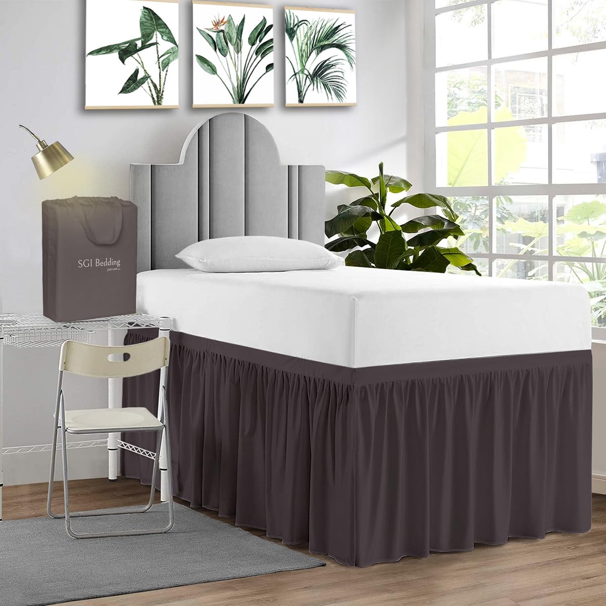 Sgi Bedding Dorm Bed Skirt Full Xl 34 Inch Drop Length - Dark Grey, Ruffled Pattern College Dorm Room Bed Skirts - Split Corner,