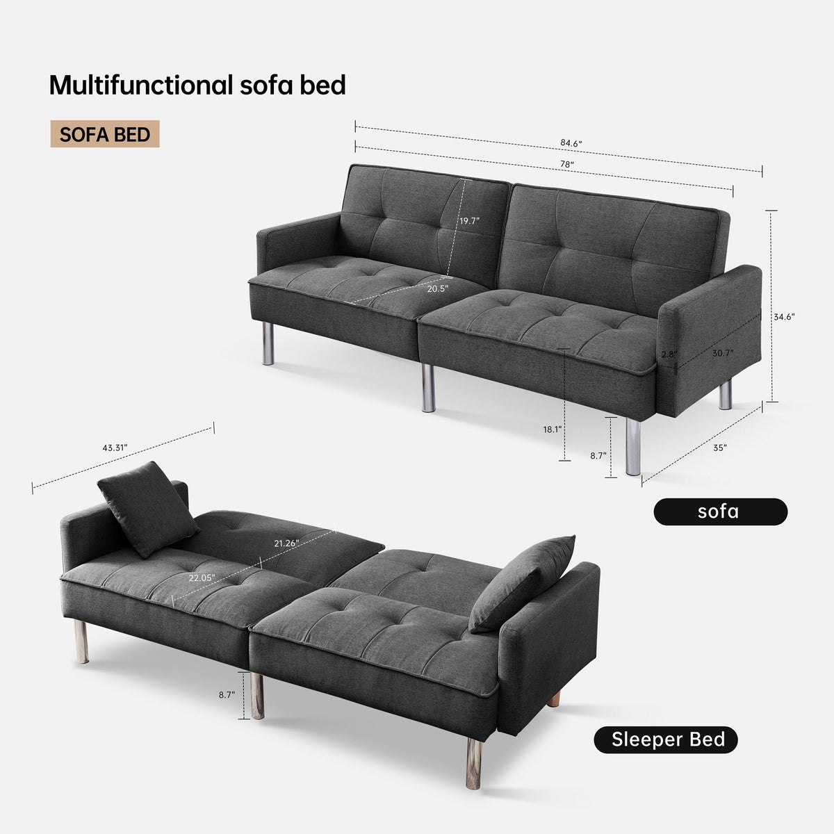 American Furniture Classics Dark Grey Tufted Futon Convertible Sofa Sleeper with Two Throw Pillows Velvet, 85" x 35" x 35"