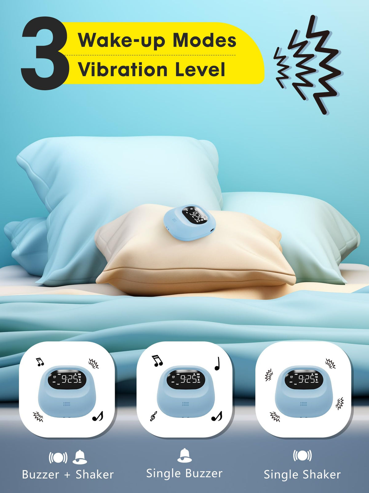 ROCAM Loud Dual Alarm Clock with Bed Shaker, Portable Blue Vibrating Alarm for Heavy Sleepers, Rechargeable, 12/24H, 3 Wake-up Modes