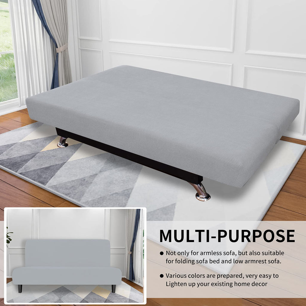 Easy-Going Stretch Futon Sofa Slipcover Armless Sofa Bed Cover Furniture Protector Without Armrests With Elastic Bottom For Kids,Soft Jacquard Fabric Small Checks(Medium Futon,Silver Gray
