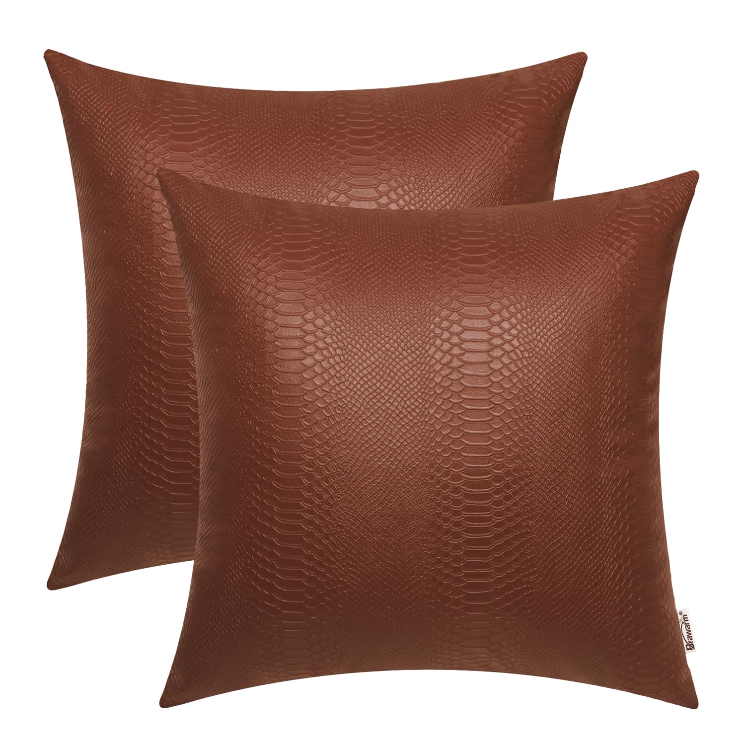 Brawarm Light Brown Leather Throw Pillows 20 X 20 Inches - Snake Leather Pillow Covers Pack Of 2, Faux Leather Decorative Pillow
