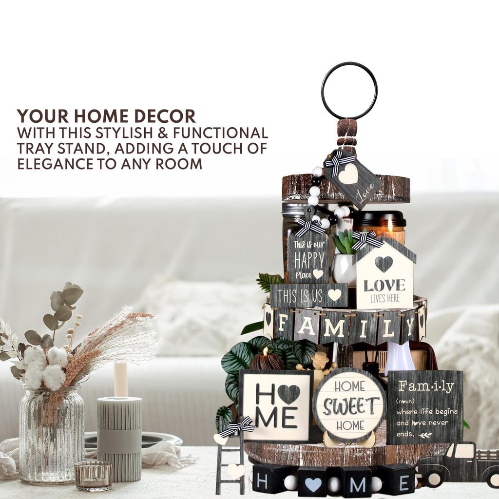 Aonehome Adjustable 3 Tiered Tray Stand With Farmhouse Decor, Brown Tiered Tray Decorative Trays - 3 Tier Cupcake Stand - 3 Tier