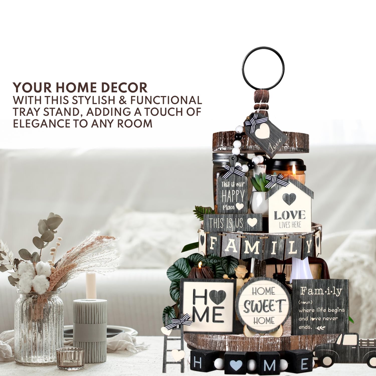 Aonehome Adjustable 3 Tiered Tray Stand With Farmhouse Decor, Brown Tiered Tray Decorative Trays - 3 Tier Cupcake Stand - 3 Tier