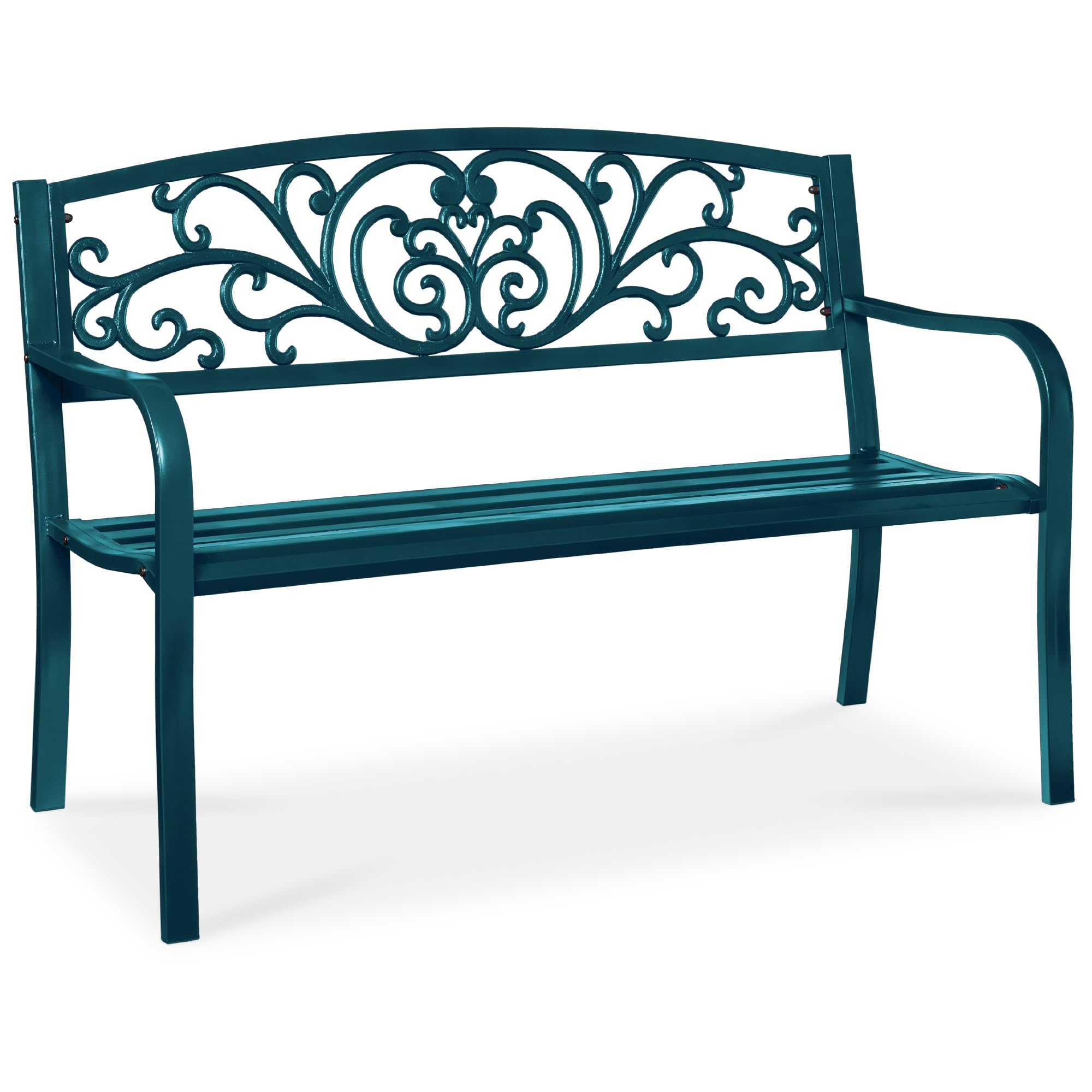 Best Choice Products Outdoor Bench Steel Garden Patio Porch Furniture for Lawn, Park, Deck w/Floral Design Backrest, Slatted Sea