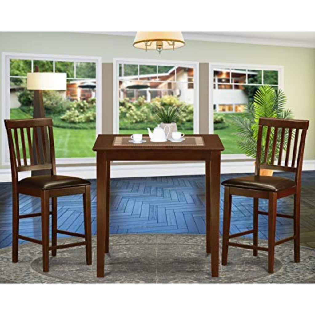 East West Furniture VERN3-MAH-LC Vernon 3 Piece Kitchen Counter Height Dining Set Contains a Square Pub Table and 2 Faux Leather Upholstered Chairs, 36x36 Inch