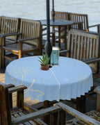Queenker Outdoor Tablecloth With Umbrella Hole, Minimalist Lines Leaves Flowers Blue Round Tables Waterproof Tabletop Collection