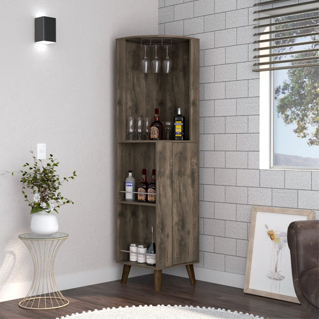 Jaipur Corner Bar Cabinet, 2 External Shelves, 1 Drawer, 2 Interior Shelves, Dark Brown