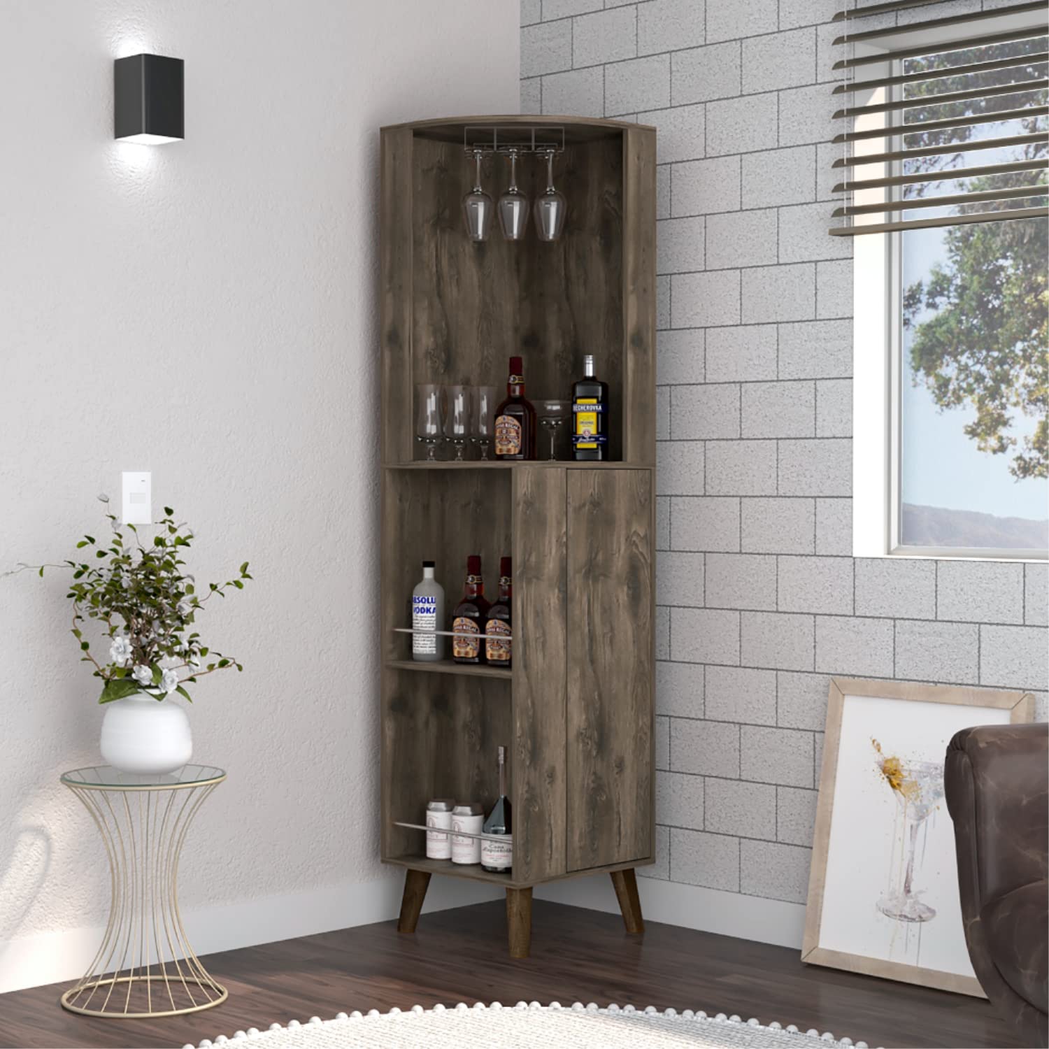 Jaipur Corner Bar Cabinet, 2 External Shelves, 1 Drawer, 2 Interior Shelves, Dark Brown