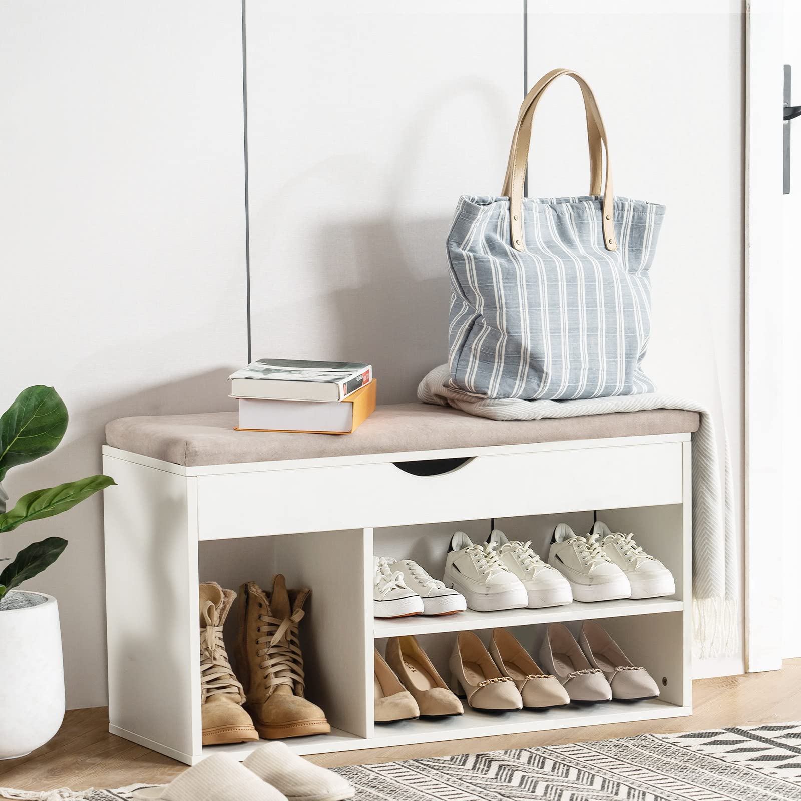 Apicizon Shoe Storage Bench with Flip Top Cover 2-Tier Bench for Entrance, 39 Inches Shoe Storage Bench with Removable Pu Leathe