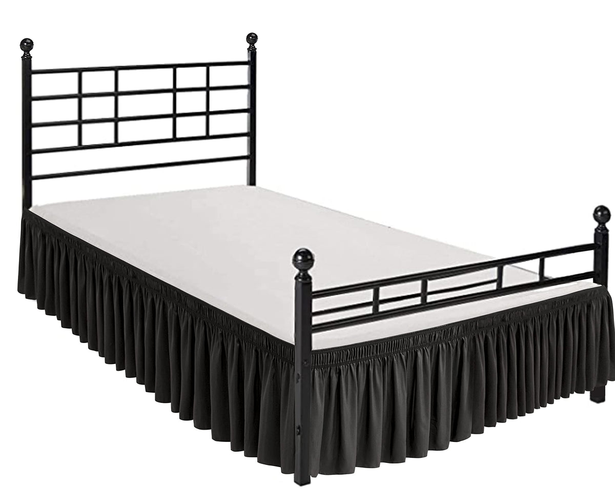 Biscaynebay Wrap Around Bed Skirts With Split Corners For Queen Beds 16' Drop, Black Elastic Dust Ruffles Easy Fit Wrinkle & Fade Resistant Silky Luxurious Fabric Solid Machine Washable