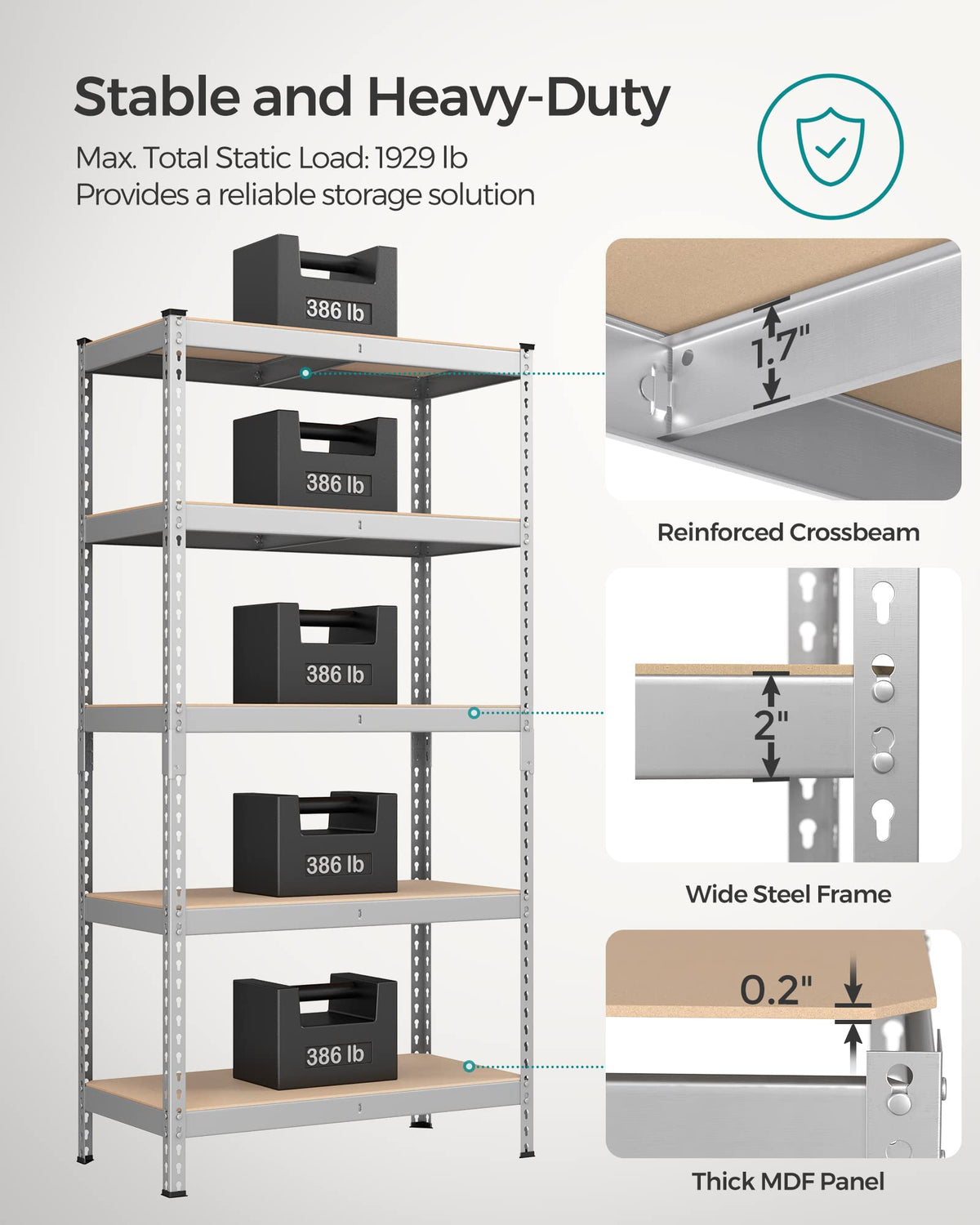 Songmics 5-Tier Storage Shelves, Set Of 2 Garage Storage, Boltless Assembly, Adjustable Shelving Units, 17.7 X 35.4 X 70.9 Inches, Load 1929 Lb Each, Shed Warehouse Basement, Silver Uglr450E02