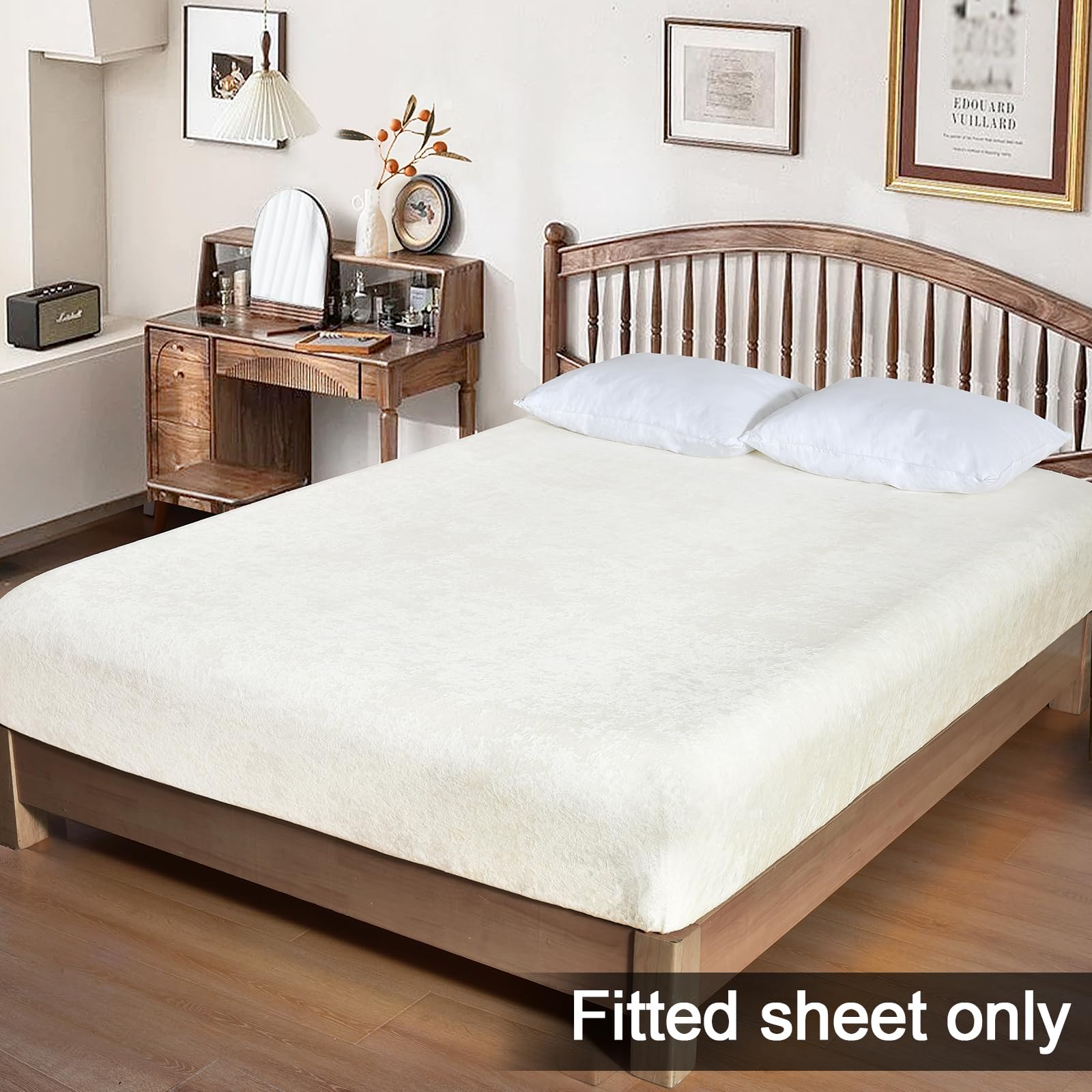 Phf Truly Velvet Fitted Sheet Only Full Size, Luxury Super Soft Cozy Comfy Fleece Bottom With 15' Deep Pocket, Suitable For Fall Winter And Spring, No Pillowcases, Snow White