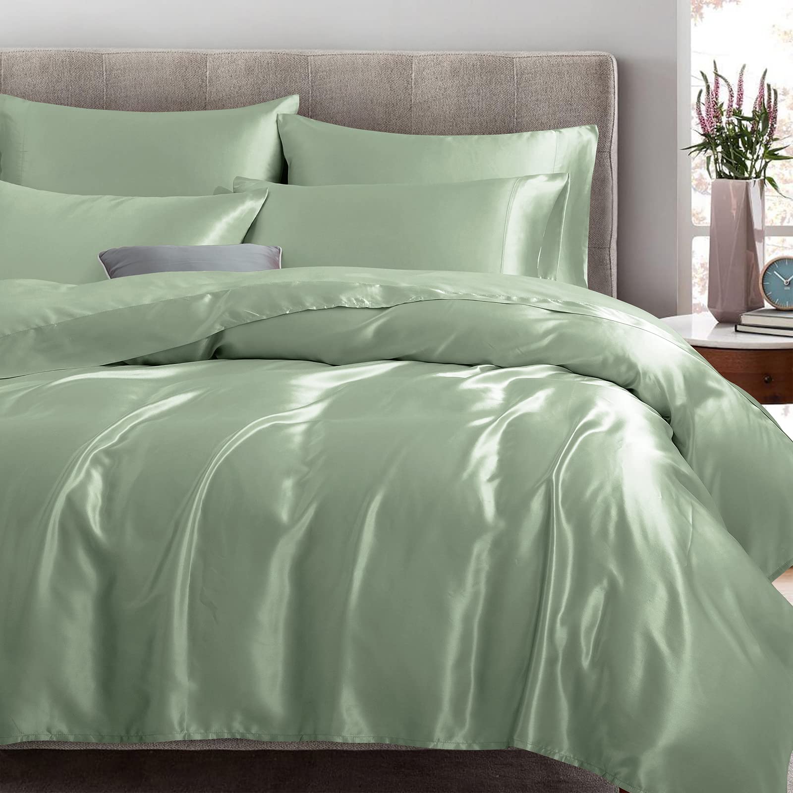 Treely 6 Piece Satin Sheets Queen Size Silky Smooth Sage Green Satin Sheet Set With Deep Pocket, Satin Fitted Sheet, Flat Sheet,
