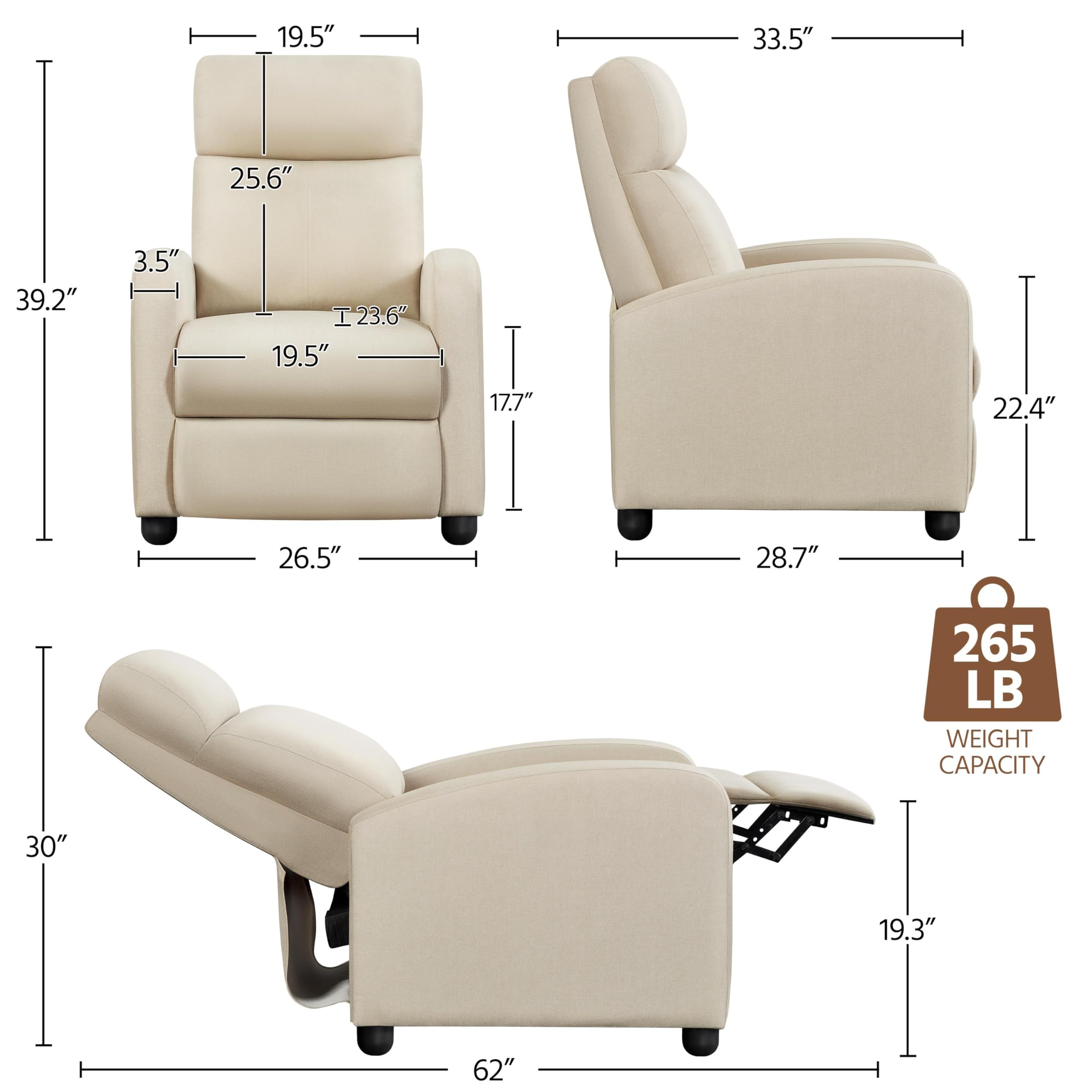 Yaheetech Modern Fabric Recliner Chair Sofa Adjustable Single Sofa With Thicker Seat Cushion And Backrest For Living Room Home Theater, Beige