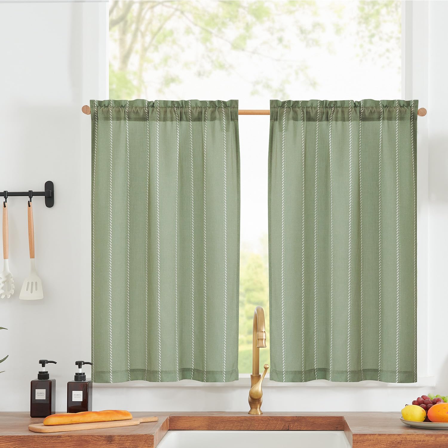 Jinchan Nautical Kitchen Curtains Striped Linen Curtains 36 Inches Farmhouse Tier Curtains Cafe Curtains For Living Room Bathroom Laundry Rv Rustic Half Window Curtains Light Filtering 2 Panels Green