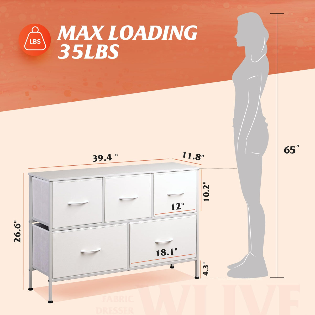 Wlive Dresser With 5 Drawers, Dressers For Bedroom, Fabric Storage Tower, Hallway, Entryway, Closets, Sturdy Steel Frame, Wood Top, Easy Pull Handle (White)