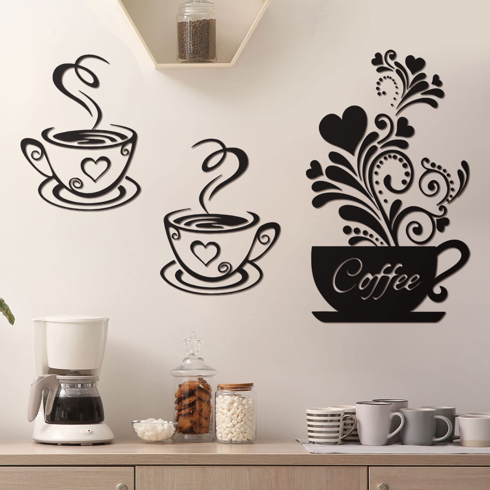 Kitchen Wall Decor Sticker Coffee Tea Cup Flower Wall Art Decor Sticker Black Coffee Cup Wall Art Stickers Removable DIY Vinyl W