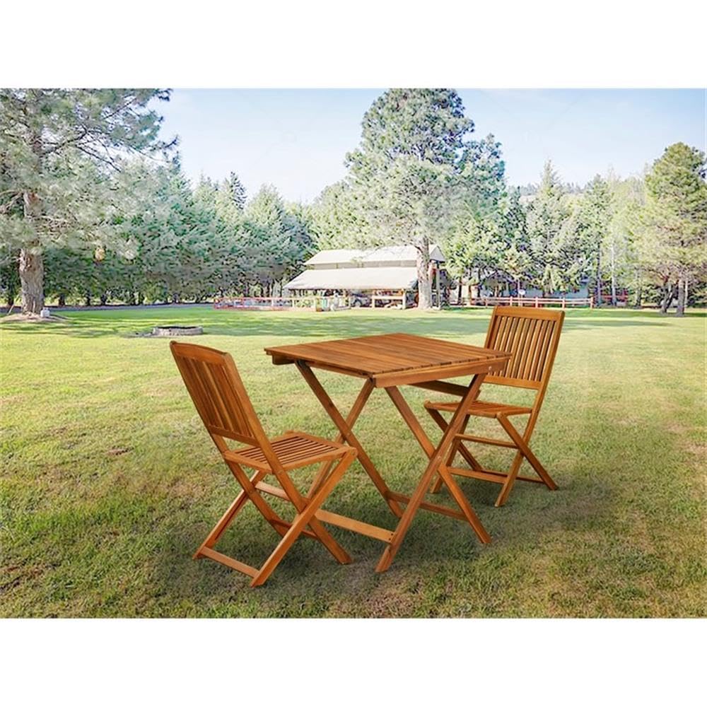 East West Furniture SECM3CWNA Selma 3 Piece Outdoor Conversation Bistro Set Contains a Square Acacia Wood Coffee Table and 2 Folding Side Chairs, 26x26 Inch, Natural Oil