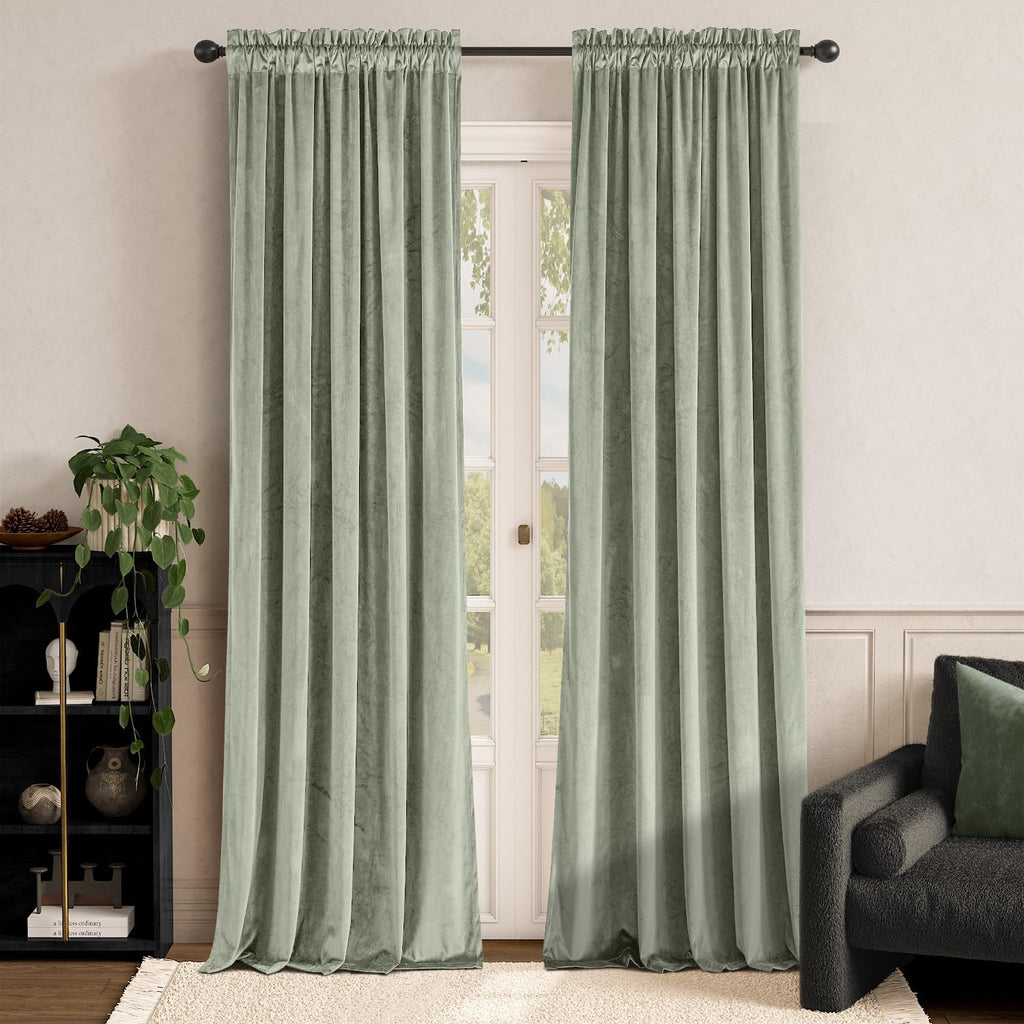 Lazzzy Grayish Green Velvet Curtains Room Darkening Thermal Insulated Curtains 120 Inch Length Window Drapes For Bedroom Living Room Super Soft Luxury Rod Pocket Window Treatment 2 Panels