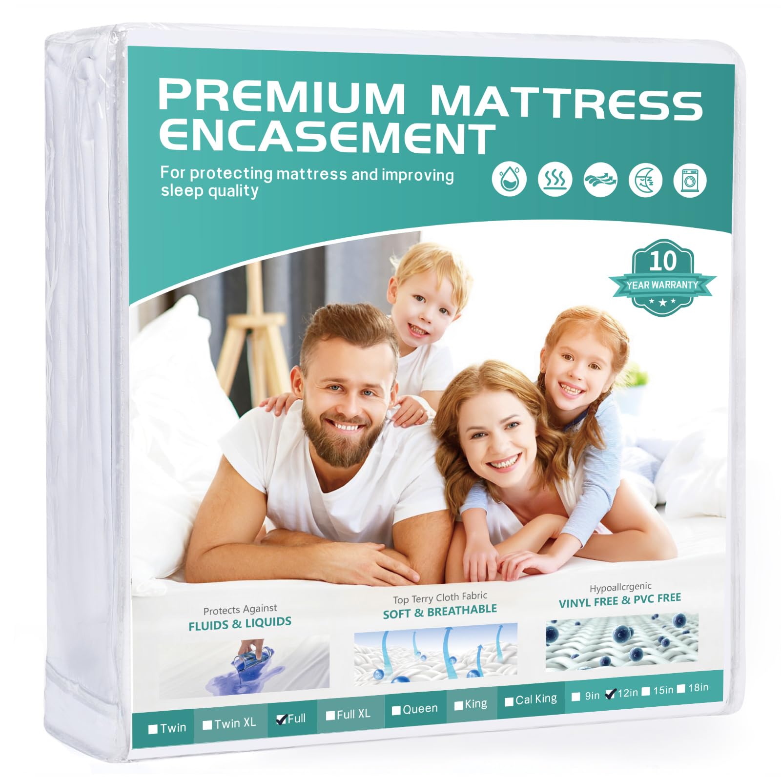 Winkaura Zippered Mattress Protector Full Size 54'X75' Fits 9-12' Deep, Waterproof Mattress Encasement Cover With Premium Bre