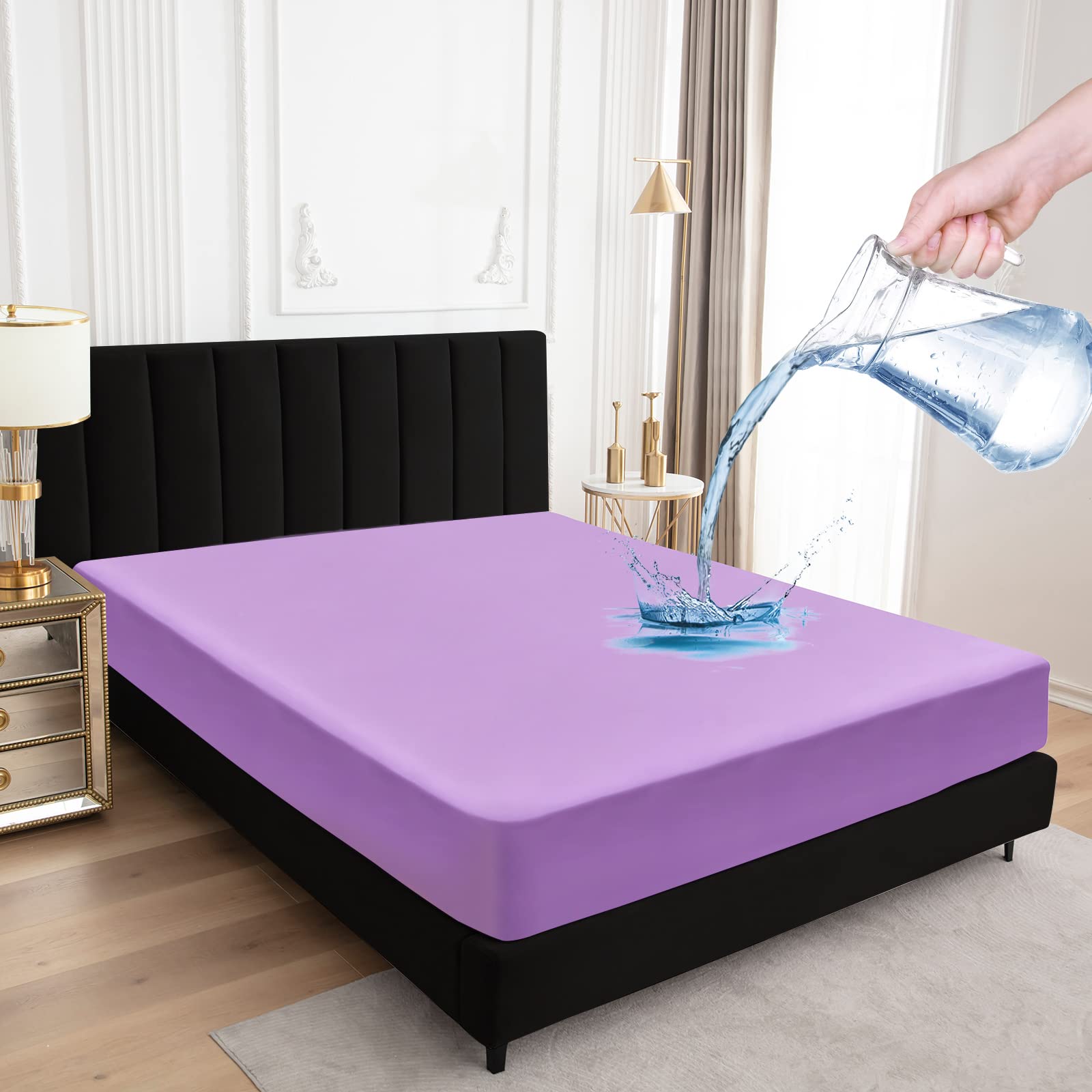 Sufdari King Size Mattress Protector,Waterproof Mattress Cover,18' Deep Pocket Mattress Protector,Dust Proof Bed Protector For Dogs/Cats/Pets/Kids-Purple,King